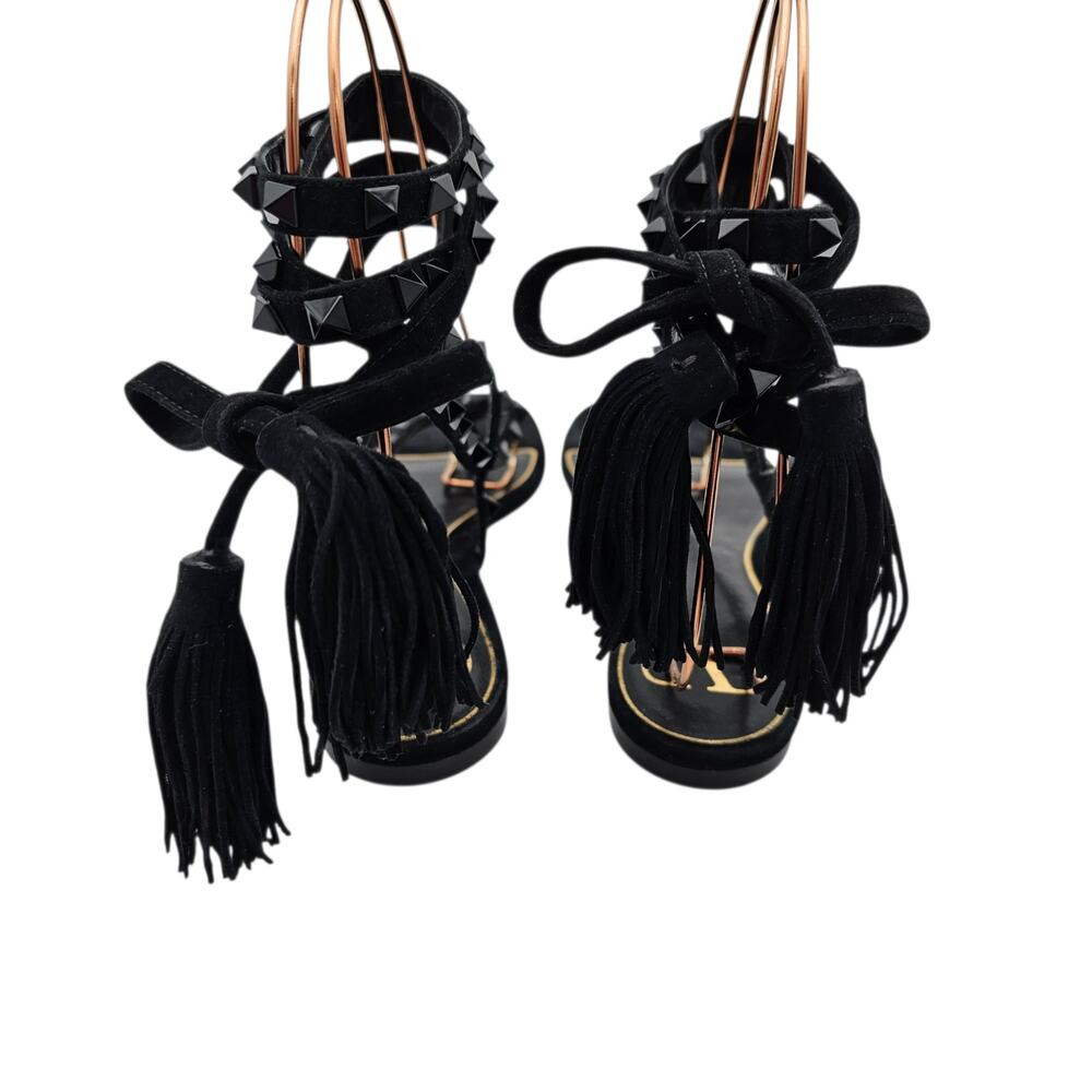 Valentino Garavani Rockstud Gladiator Flat Sandal Black Suede Size 37.5 US 7.5 - Picture 5 of 12